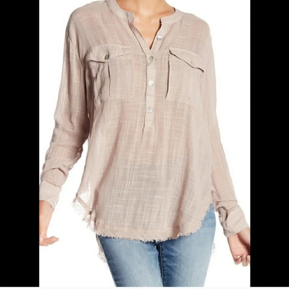 Free People Fringe Half Button Top